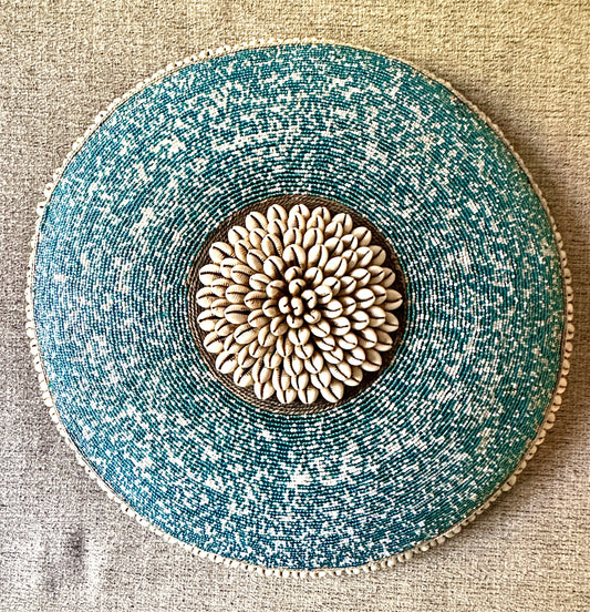 Decorative Beaded African Shield (16 in.) – Teal & White SM40M222