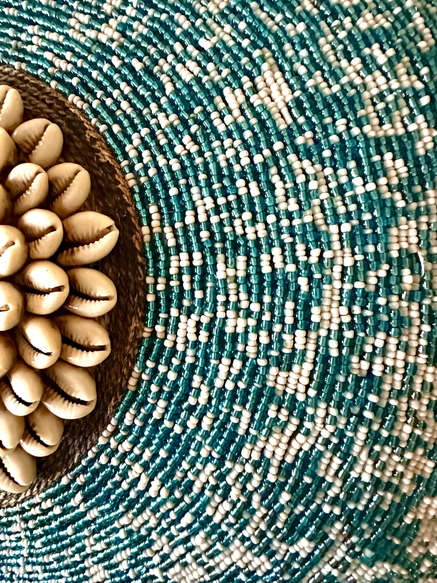 Decorative Beaded African Shield (16 in.) – Teal & White SM40M222