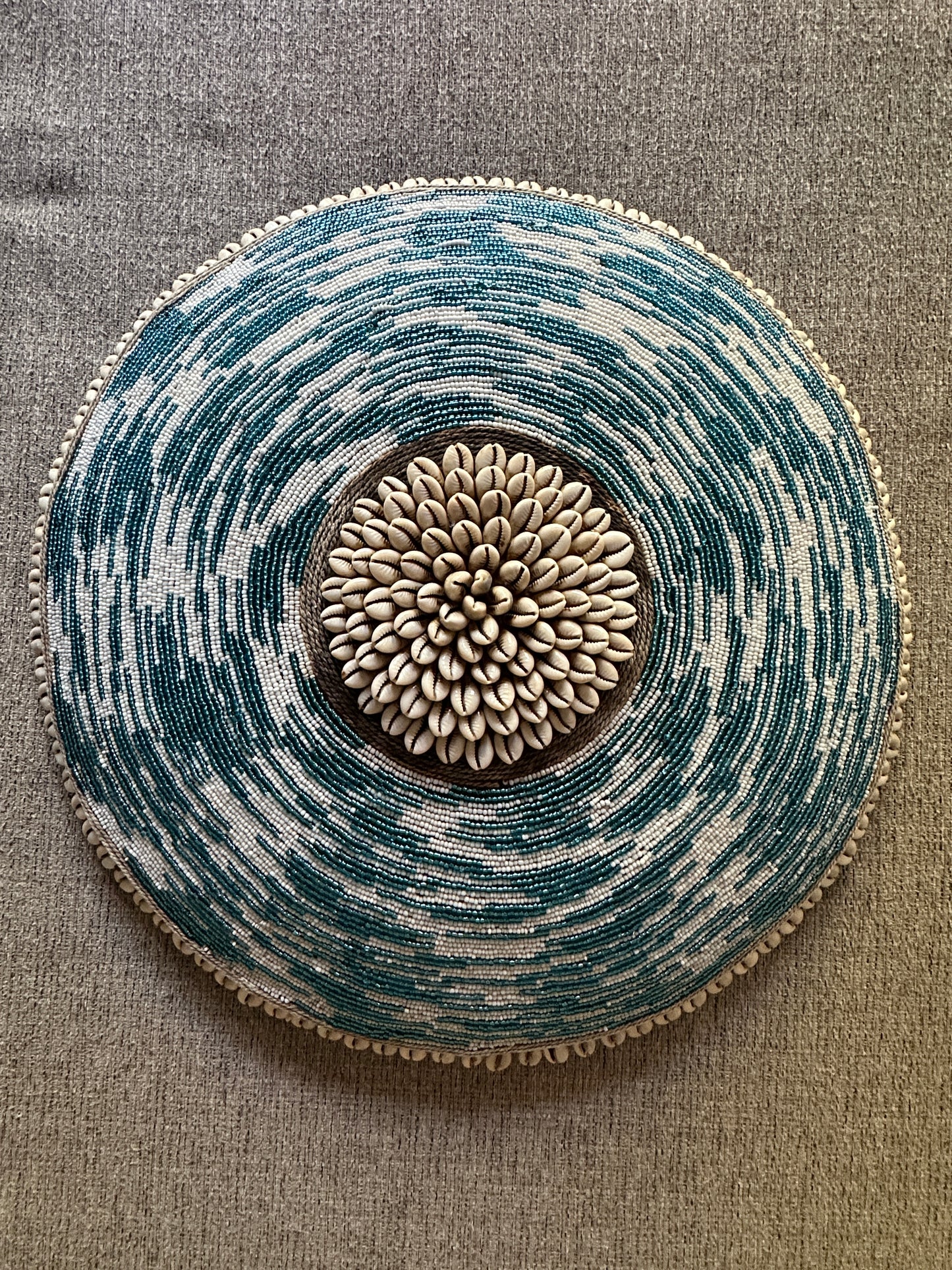 Decorative Beaded African Shield (16 in.) – Teal & White SM40M12