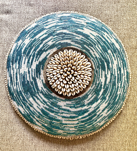 Decorative Beaded African Shield (16 in.) – Teal & White SM40M12