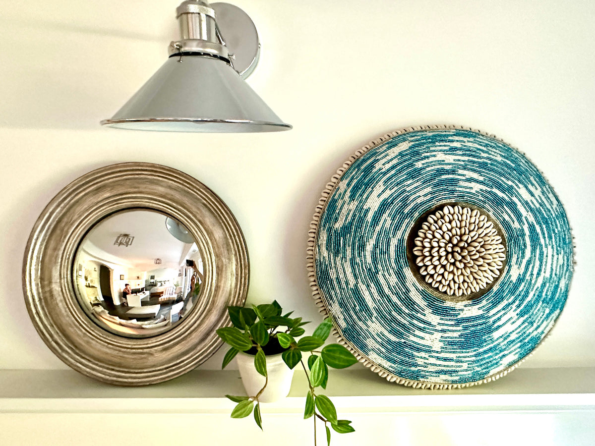 Decorative Beaded African Shield (16 in.) – Teal & White SM40M12