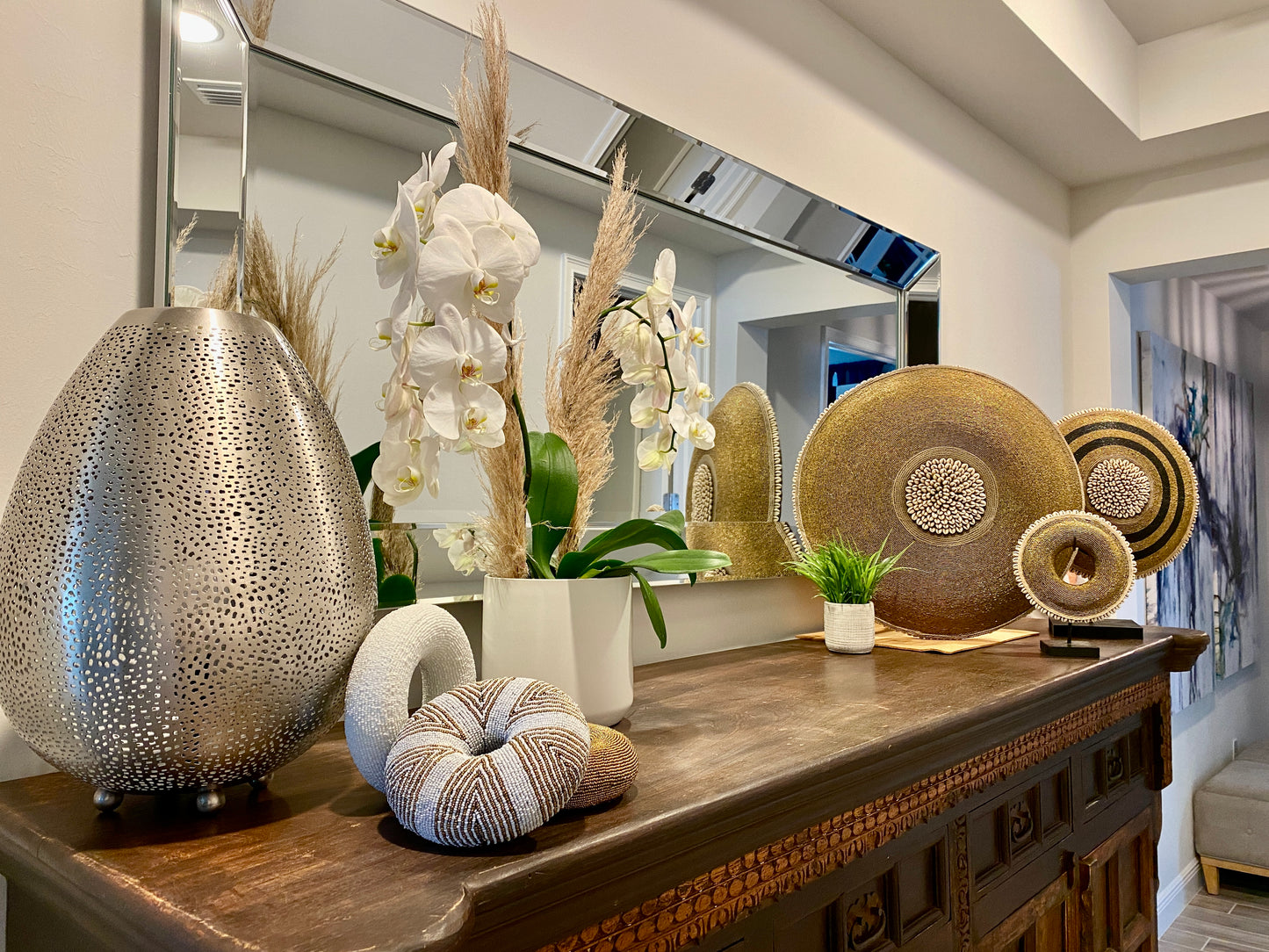 Decorative Beaded African Shield (22 in.) - Silver SL55S