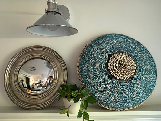 Decorative Beaded African Shield (16 in.) – Teal & White SM40M11