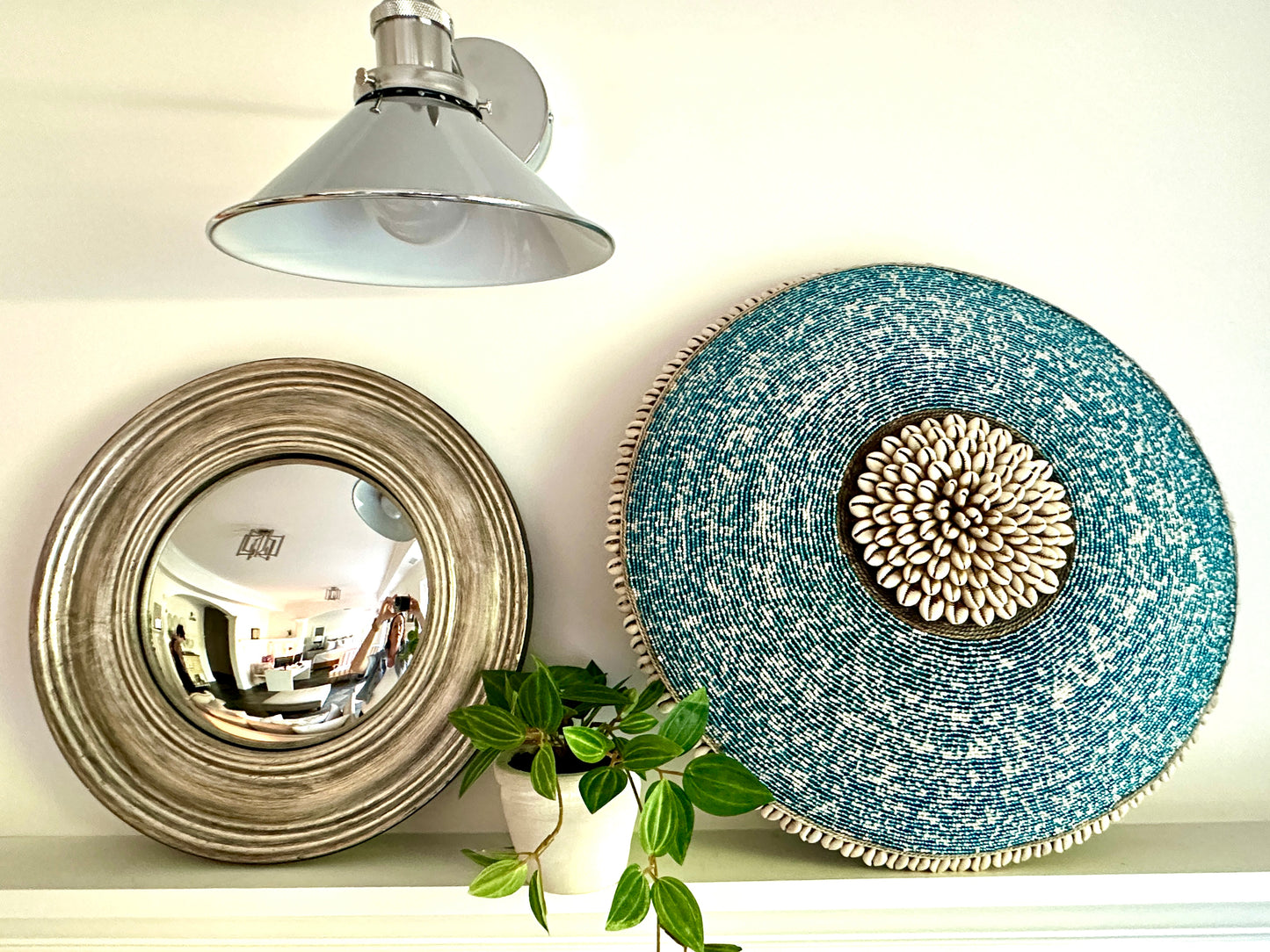 Decorative Beaded African Shield (16 in.) – Teal & White SM40M222
