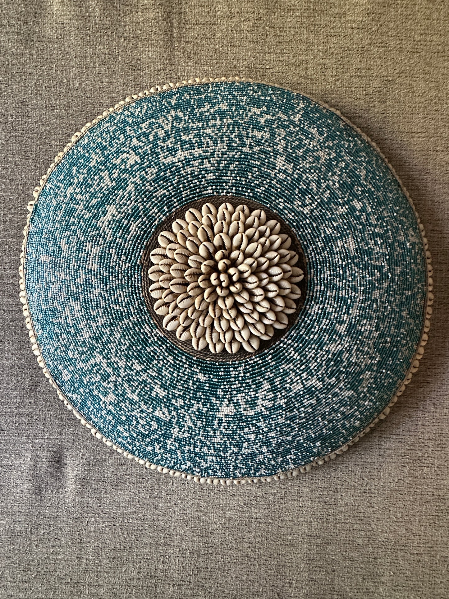 Decorative Beaded African Shield (16 in.) – Teal & White SM40M11