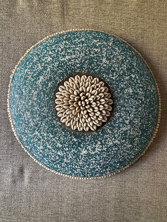 Decorative Beaded African Shield (16 in.) – Teal & White SM40M11