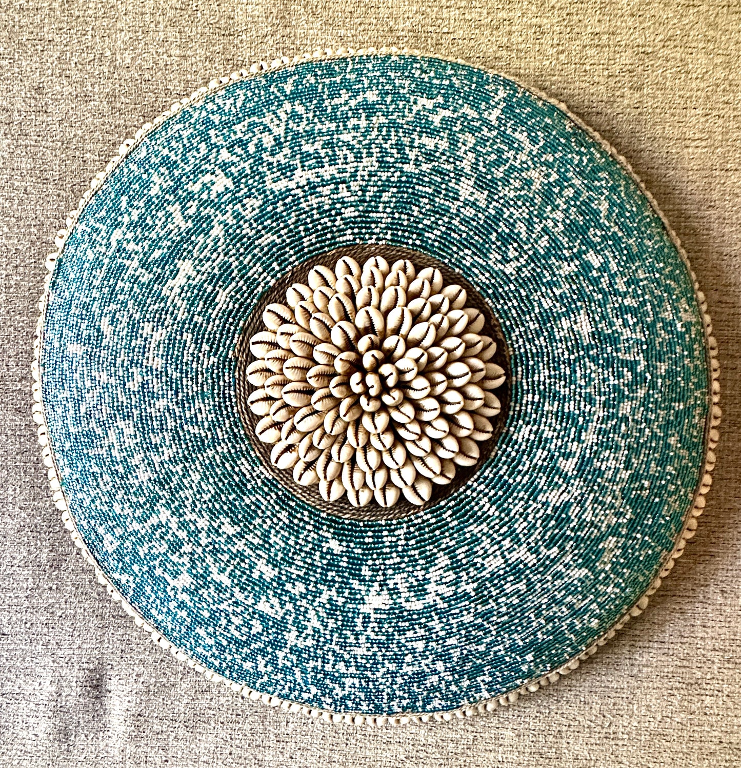 Decorative Beaded African Shield (16 in.) – Teal & White SM40M222