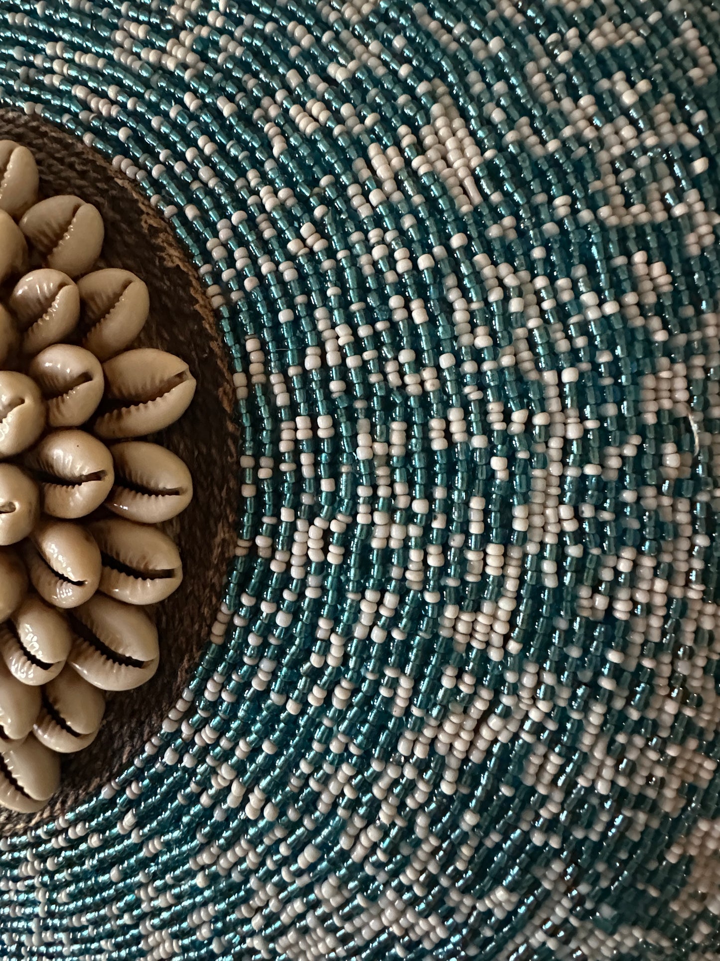 Decorative Beaded African Shield (16 in.) – Teal & White SM40M11