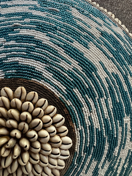 Decorative Beaded African Shield (16 in.) – Teal & White SM40M12