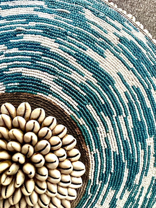 Decorative Beaded African Shield (16 in.) – Teal & White SM40M12