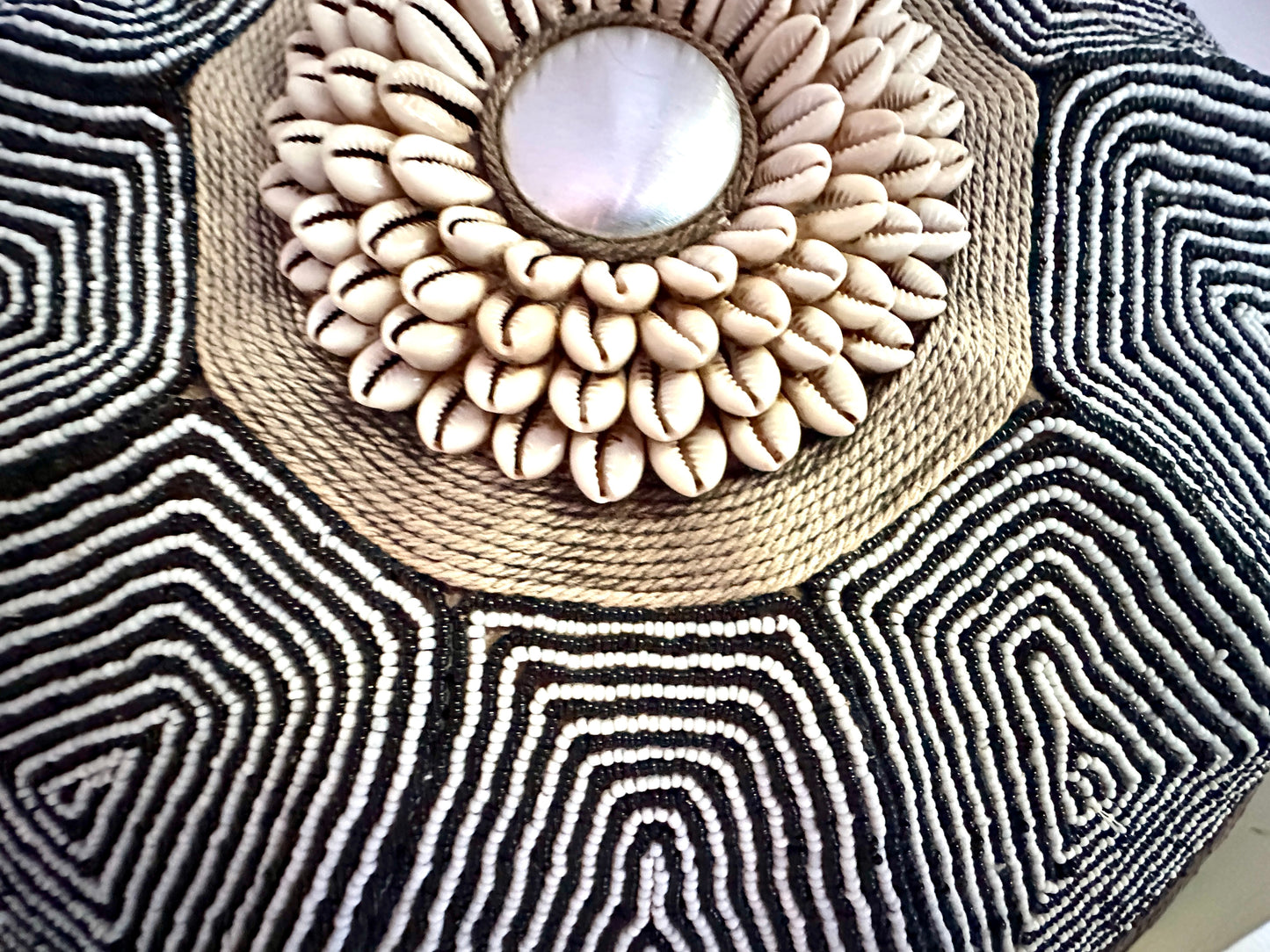 Decorative Beaded African Shield (16 in.) – Black & White SM40M3