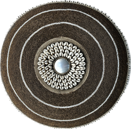 Decorative Beaded African Shield (16 in.) – bronze & white SM40M22