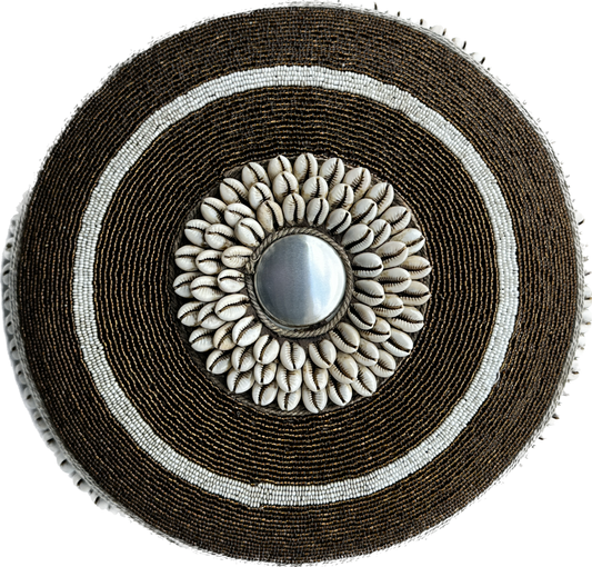 Beaded African Shield (14 in.) – Bronze & White SS30M19